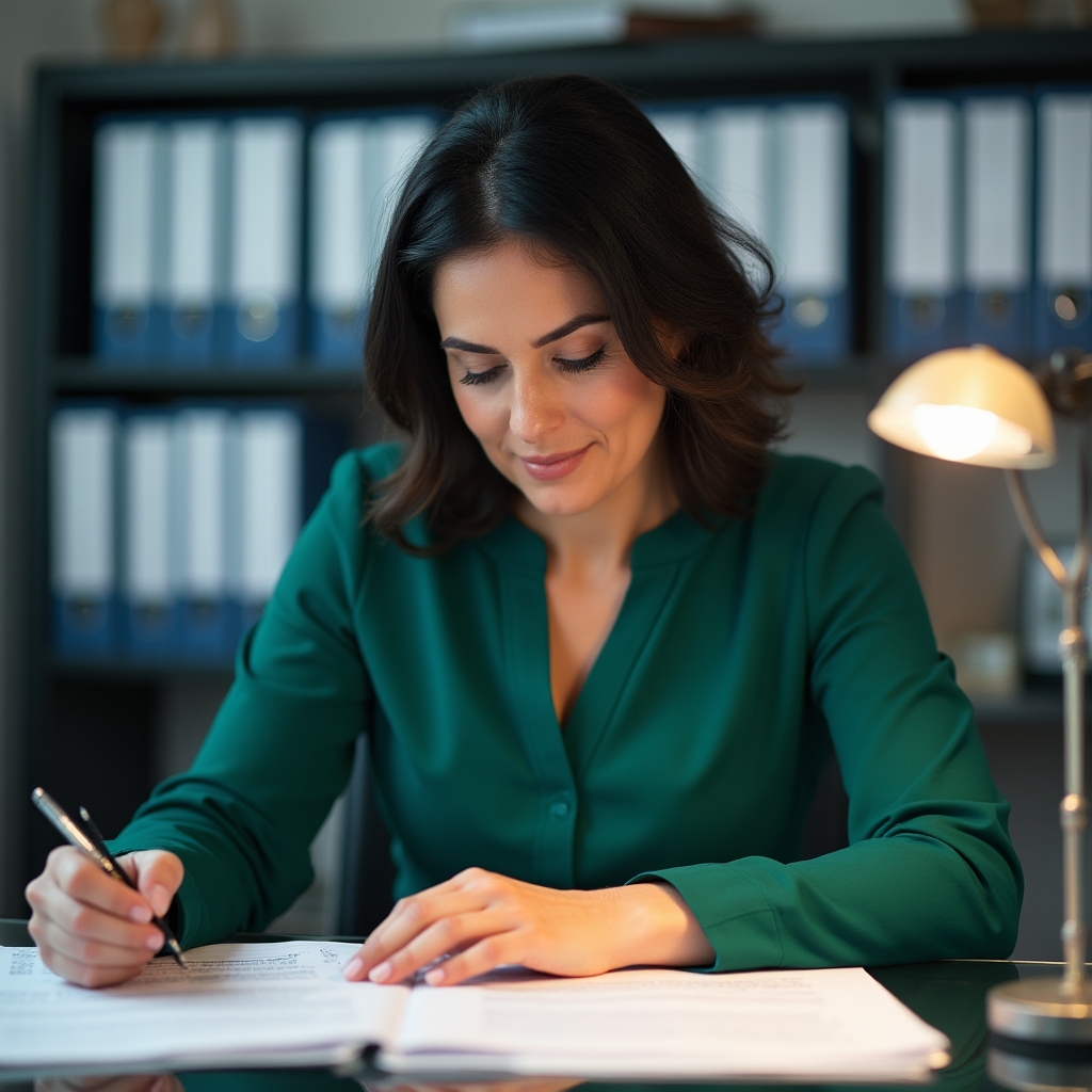 Specialist în conținut educațional analizând materiale de curs la un birou